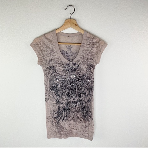 Unsure Tops - Y2K Beige Studded Cross Mall Goth Shirt